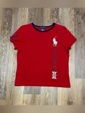 Ralph Lauren Red Short Sleeve Polo Graphic Tee with Navy Trim